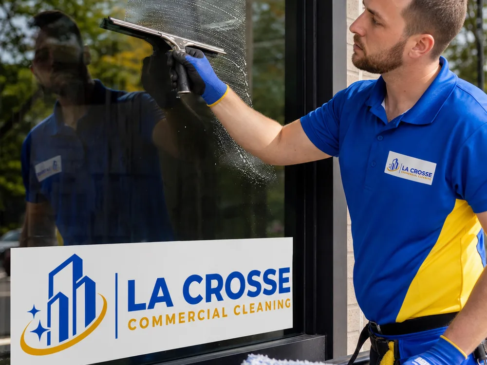 Squeegee cleaning a large commercial glass pane with equipment staged neatly nearby