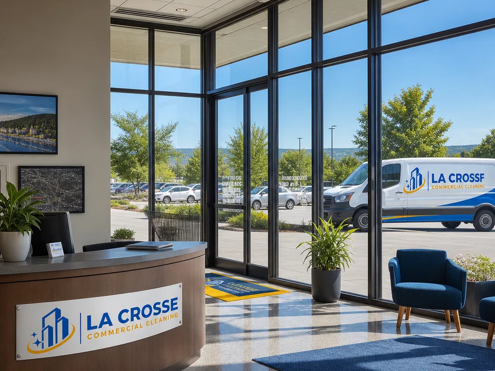 Office lobby with clear exterior-facing glass and streak-free sidelites