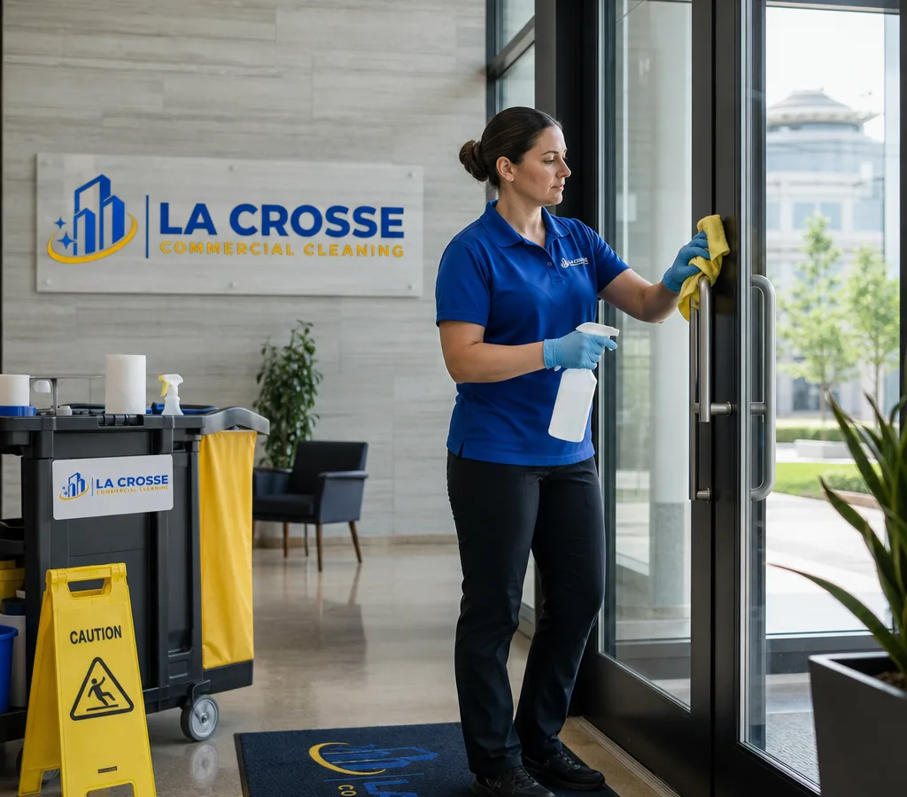 Uniformed commercial cleaner disinfecting lobby surfaces and glass entry doors in a La Crosse business