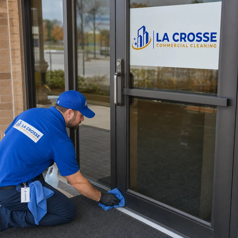 Clean streak-free commercial glass entry door with vacuumed mats and detailed edges