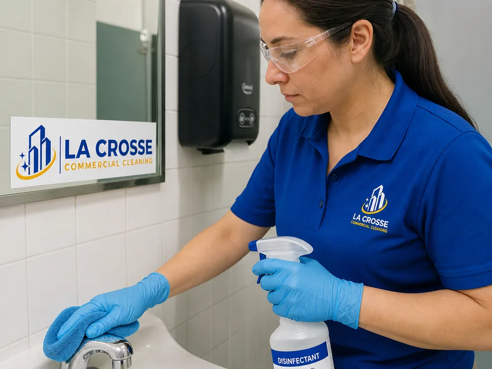 Janitorial technician wearing gloves and disinfecting restroom faucets, dispensers, and door touchpoints with labeled supplies and microfiber cloths
