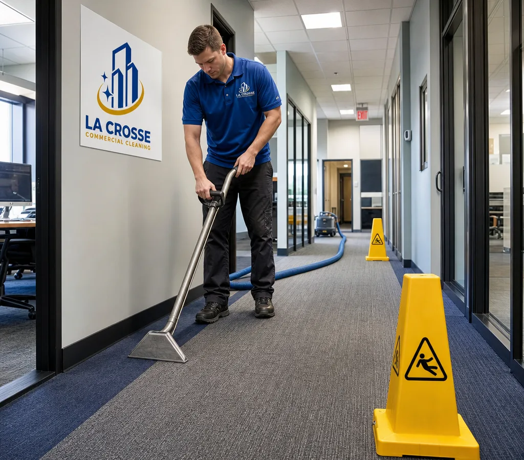 Technician cleaning commercial carpet in a La Crosse office corridor using a professional extractor, with safety cones and clean, dry-looking results