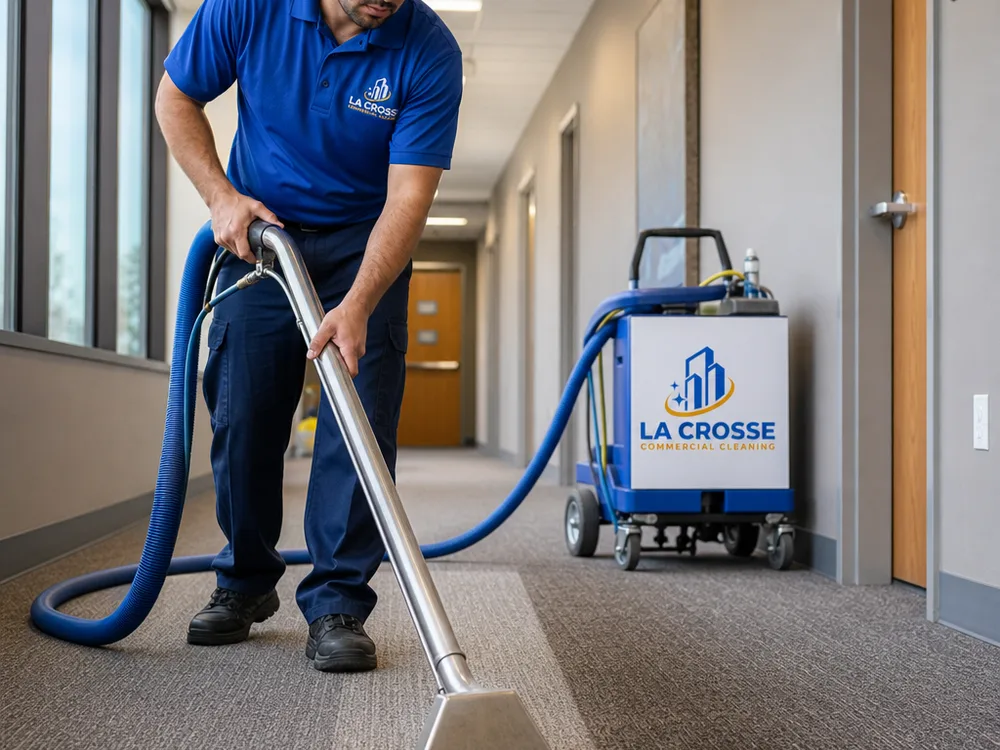 Close-up of a carpet wand extracting soil from a commercial hallway, showing a clear cleaned path next to a darker traffic lane