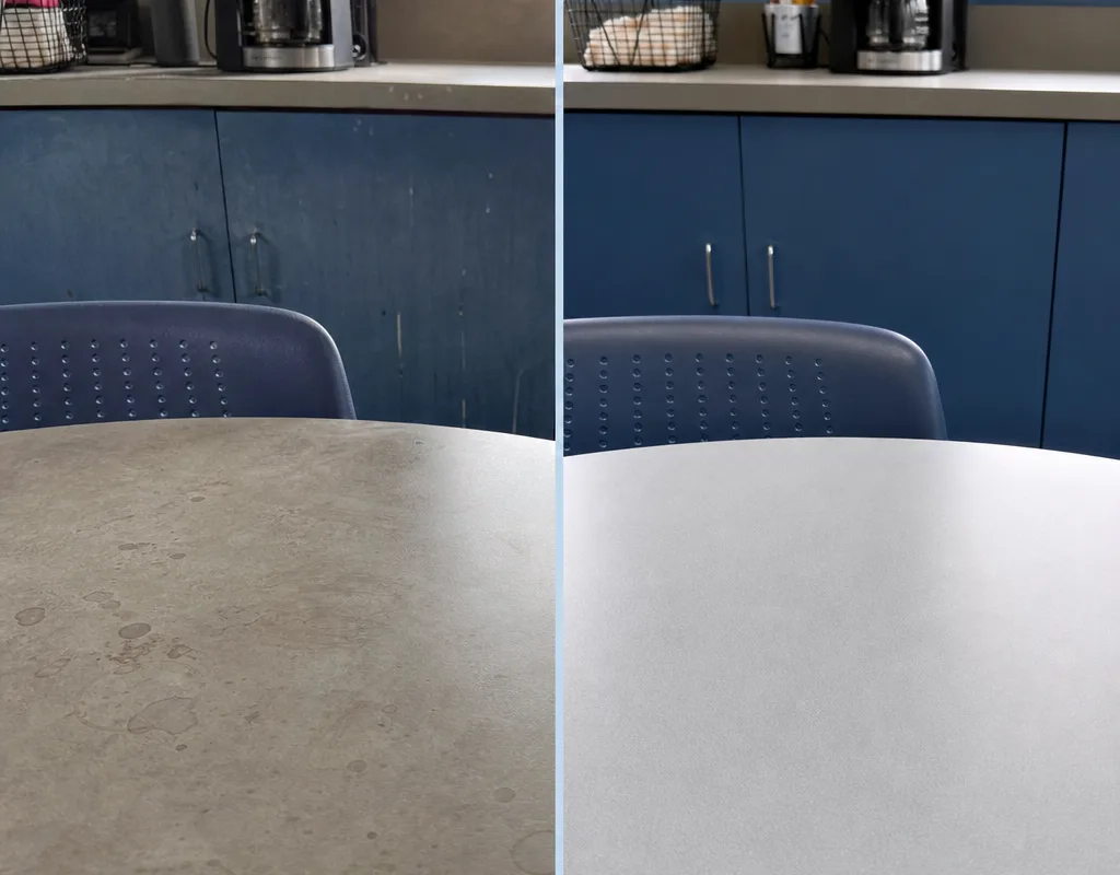 Commercial breakroom table and cabinet fronts before and after a quarterly deep clean