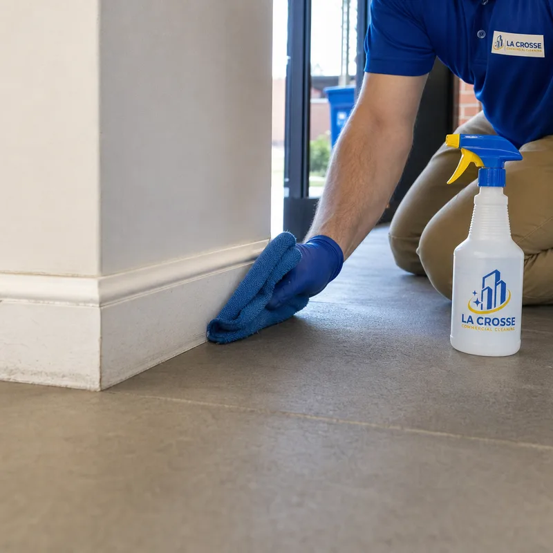 Clean commercial entryway with detailed baseboard edges and corners after quarterly cleaning