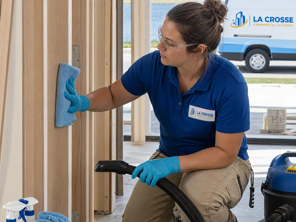 Cleaner wearing protective equipment wiping dust from new millwork and door frames beside a HEPA vacuum and microfiber supplies