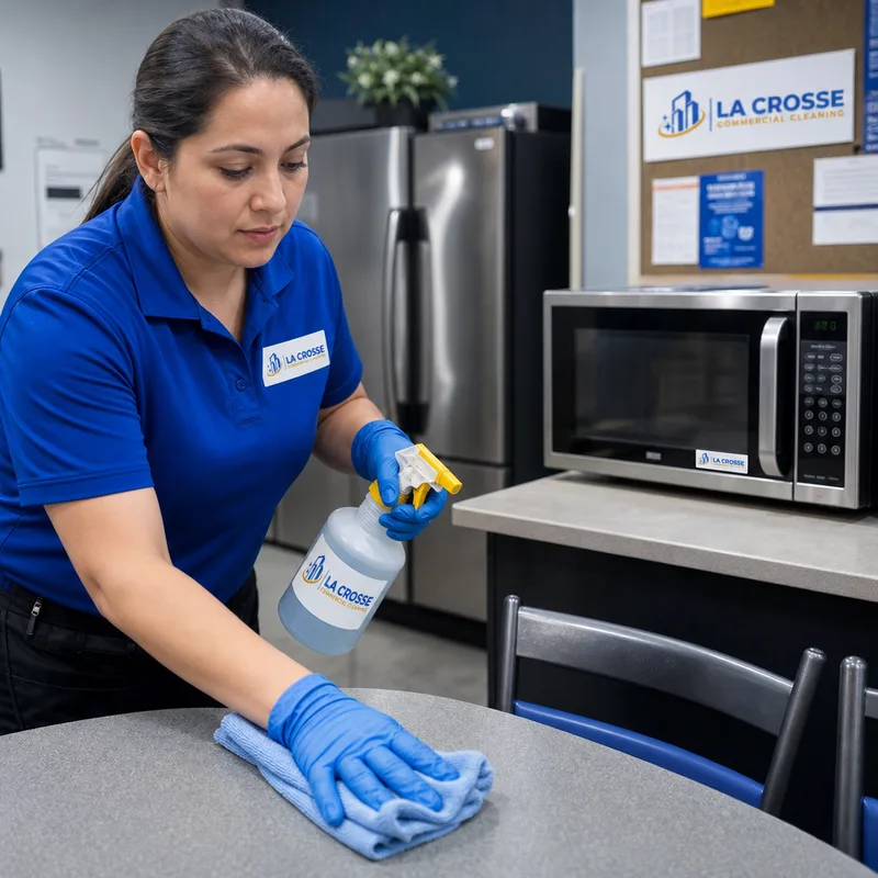 Factory break room touch points being cleaned with disinfectant and a microfiber cloth