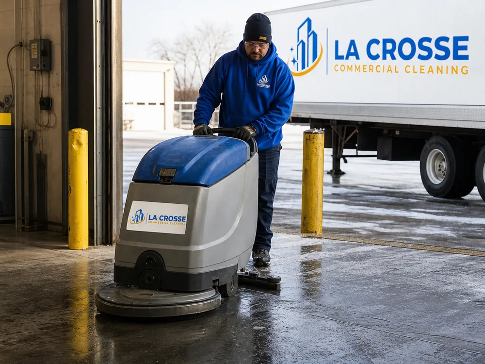 Auto-scrubber cleaning a concrete warehouse floor near a loading dock with salt and grit track-in