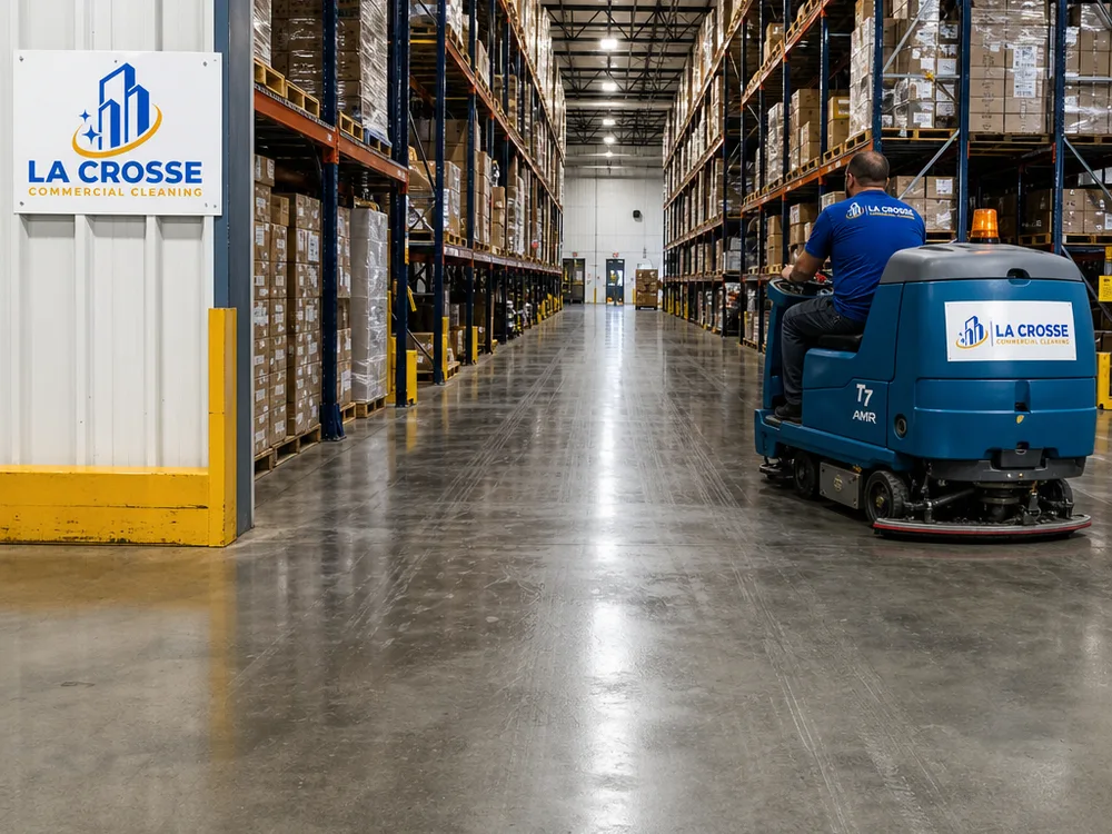 Clean dry warehouse aisle after machine scrubbing with clear tire paths and no standing water