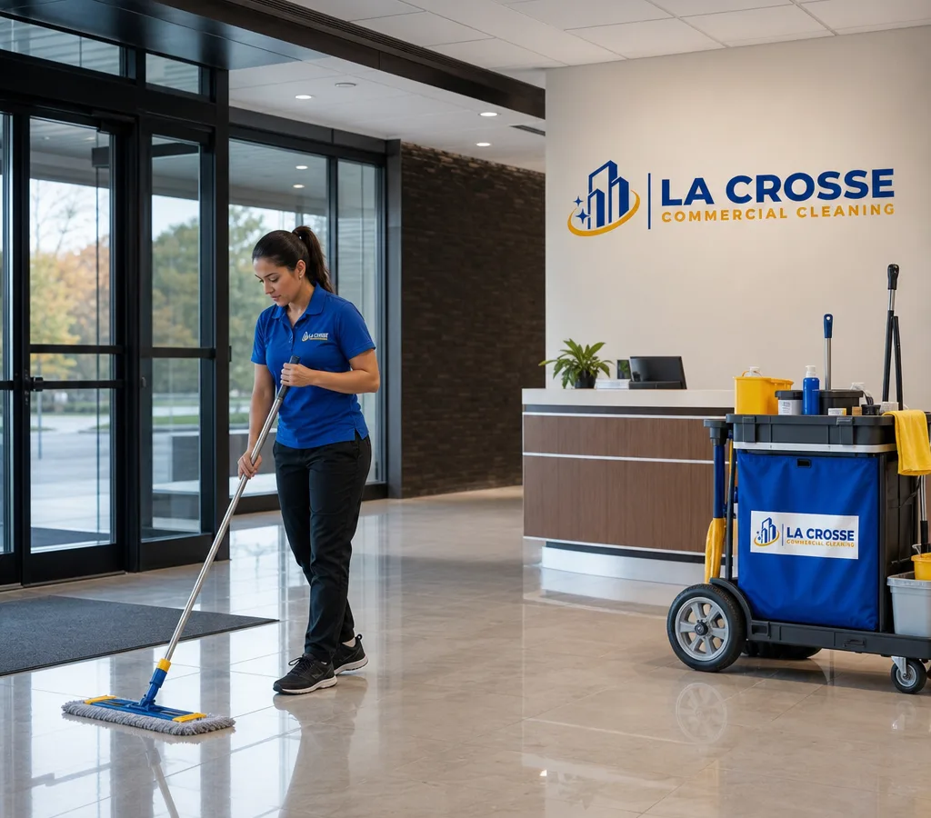 Tidy modern office lobby with clean glass doors, spotless floors, and a cleaning cart staged discreetly nearby
