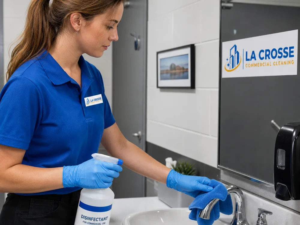 Professional cleaner disinfecting office restroom faucet handles and a dispenser with labeled supplies and microfiber cloths