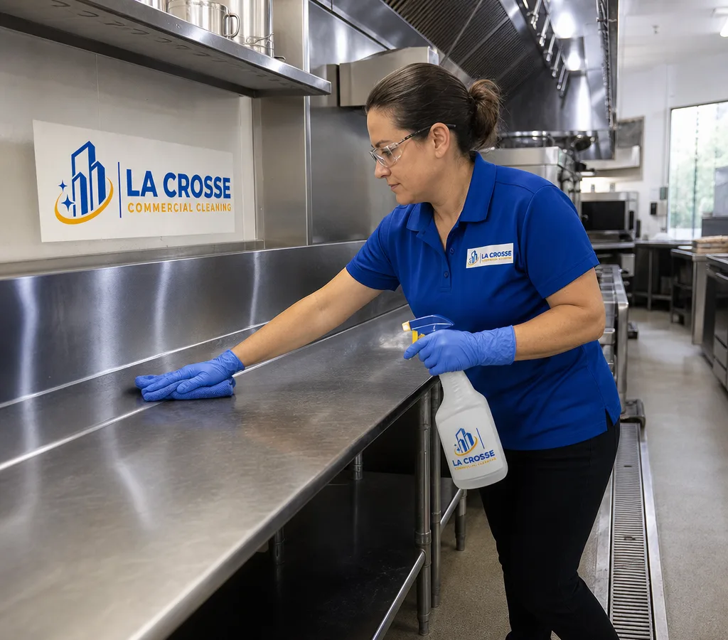 Professional cleaner in PPE detailing a stainless prep line and backsplash in a commercial kitchen