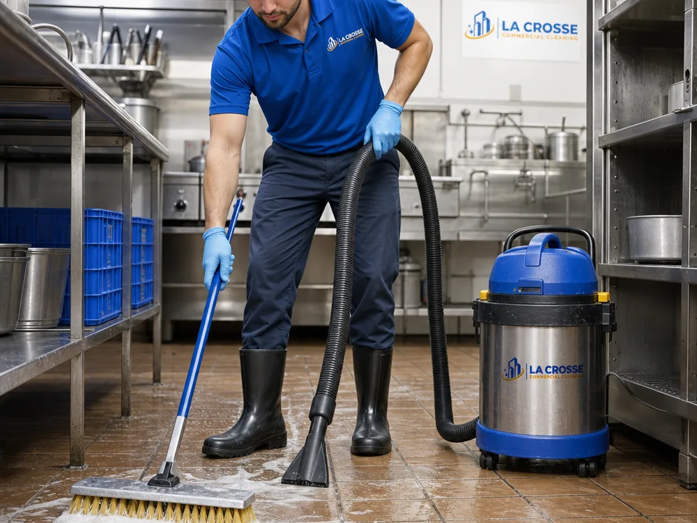 Cleaner using a deck brush and wet vacuum on a commercial kitchen floor near a floor drain