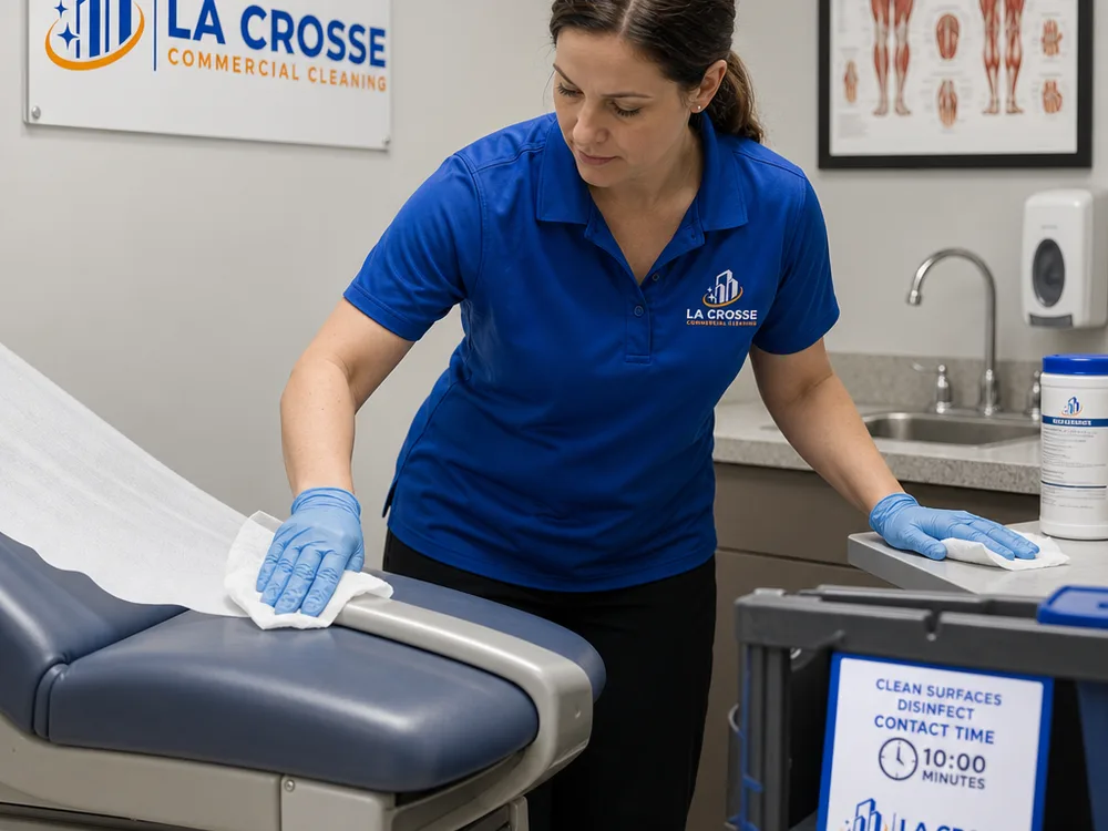 Cleaner disinfecting an exam table side rail and nearby clinical counter