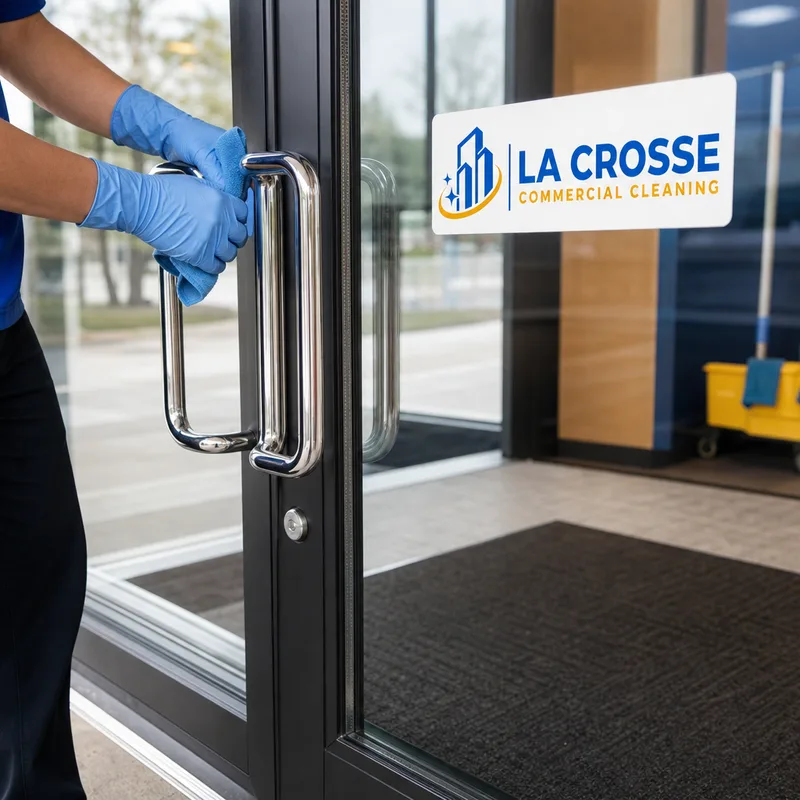 Clean streak-free retail glass entry door with polished handles and a tidy vestibule mat
