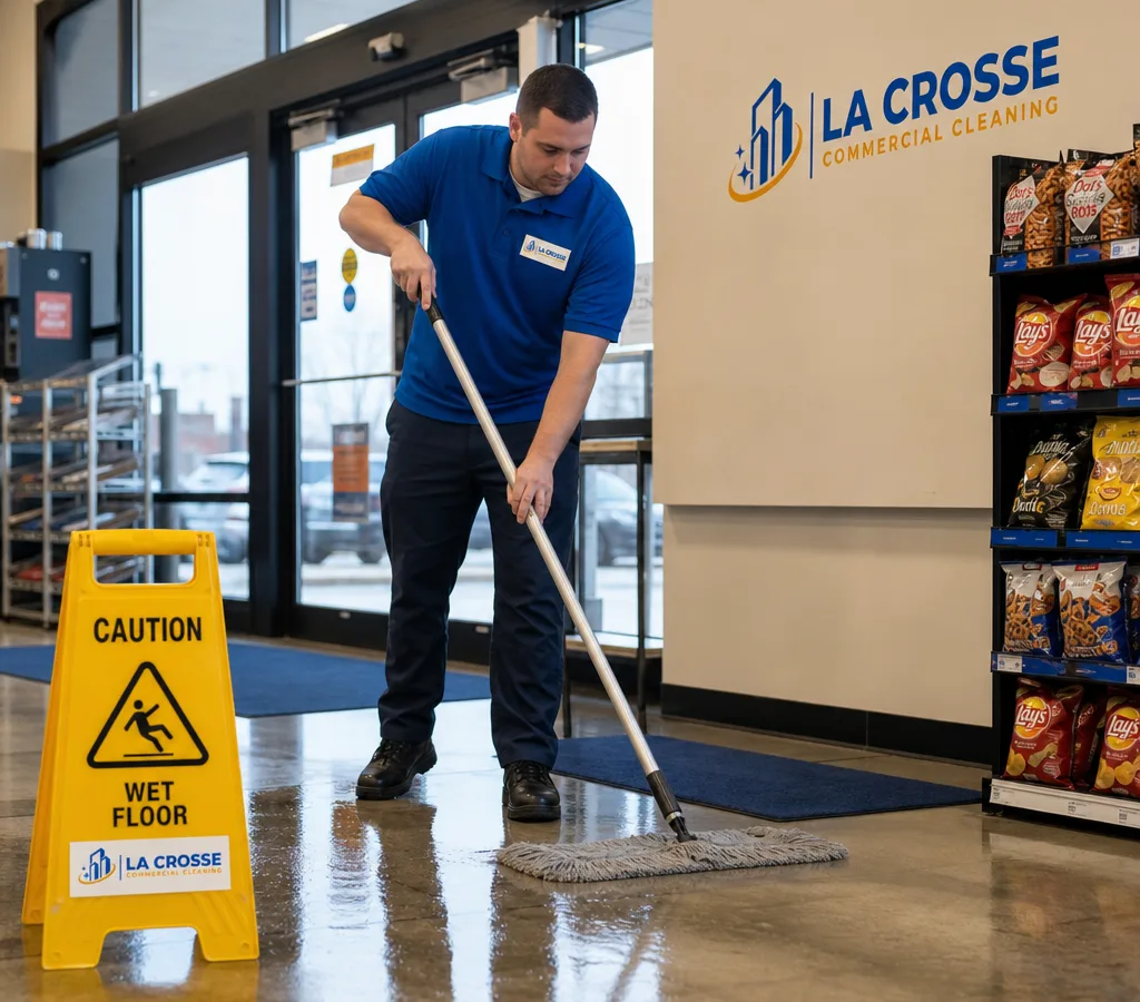 Retail cleaner mopping a polished store floor near the entrance with wet floor signage and entry mats