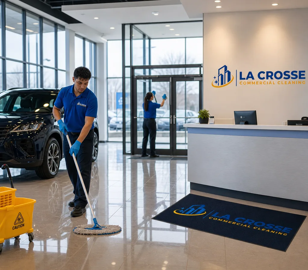 Cleaners mopping a bright auto showroom and detailing its glass entry and reception area after hours