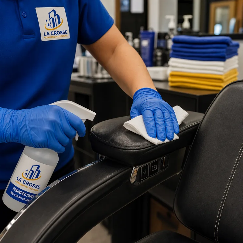 Gloved hands disinfecting a salon chair armrest and controls