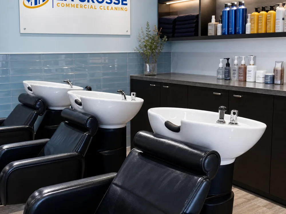 Clean shampoo bowl area with wiped splash zones and organized product shelves