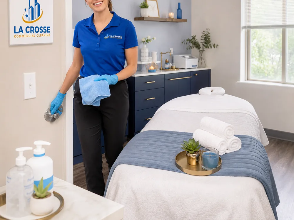 Spa treatment room with a neatly made table and disinfected touchpoints