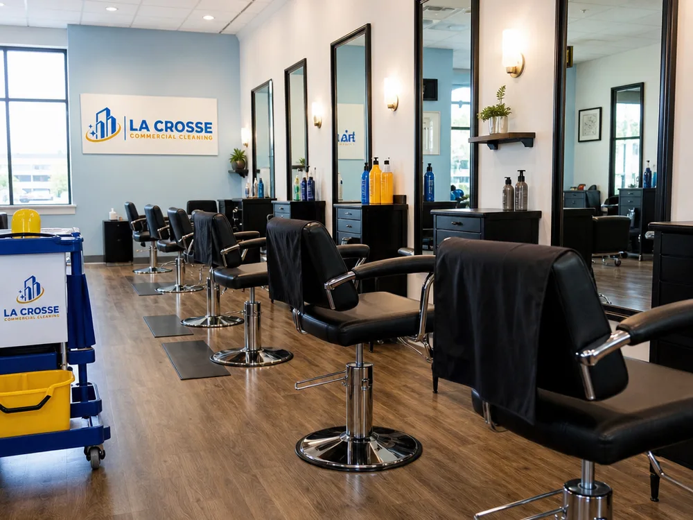 Tidy salon floor with aligned styling chairs, spotless mirrors, and clean chair bases