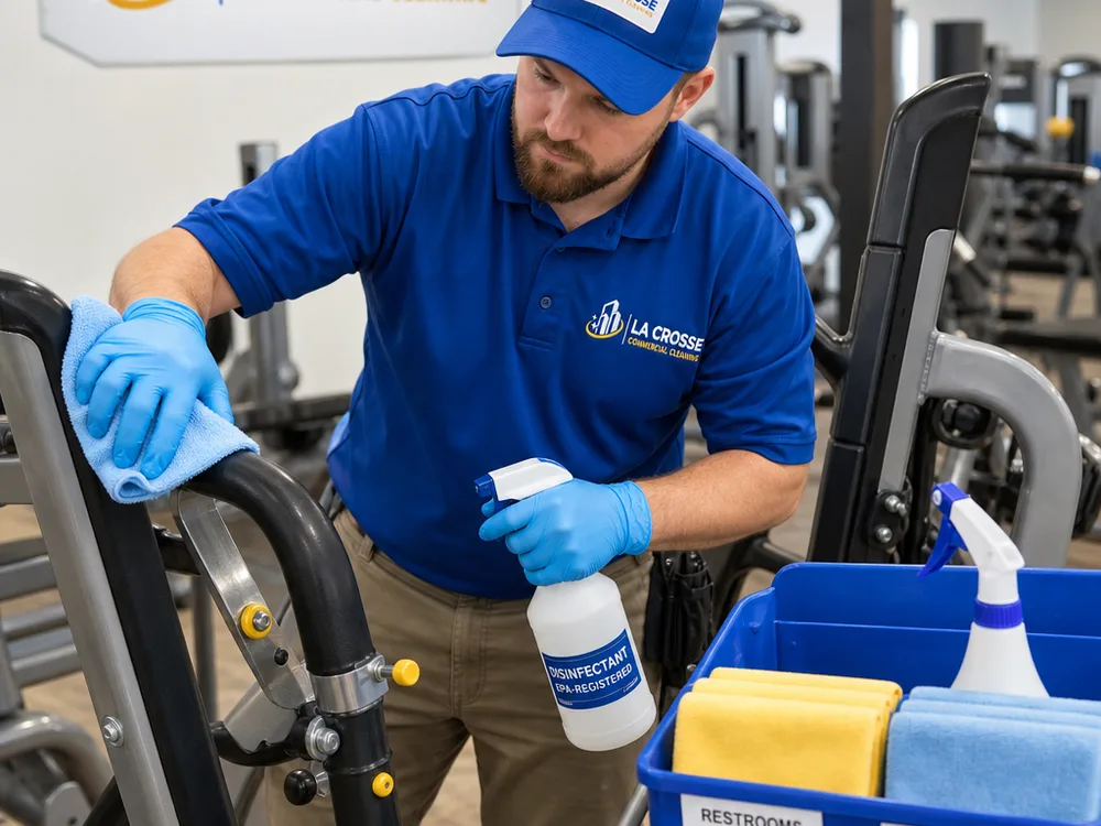 Cleaner using color-coded microfiber and disinfectant on gym equipment handles