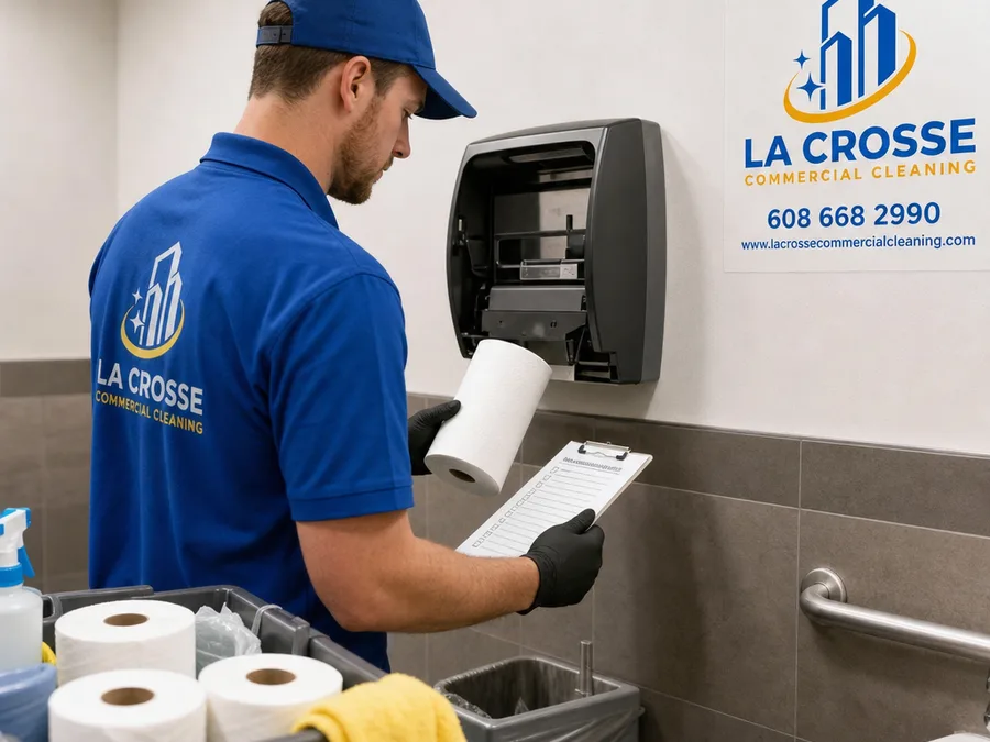 Janitorial technician restocking restroom paper products and checking dispensers with a printed checklist