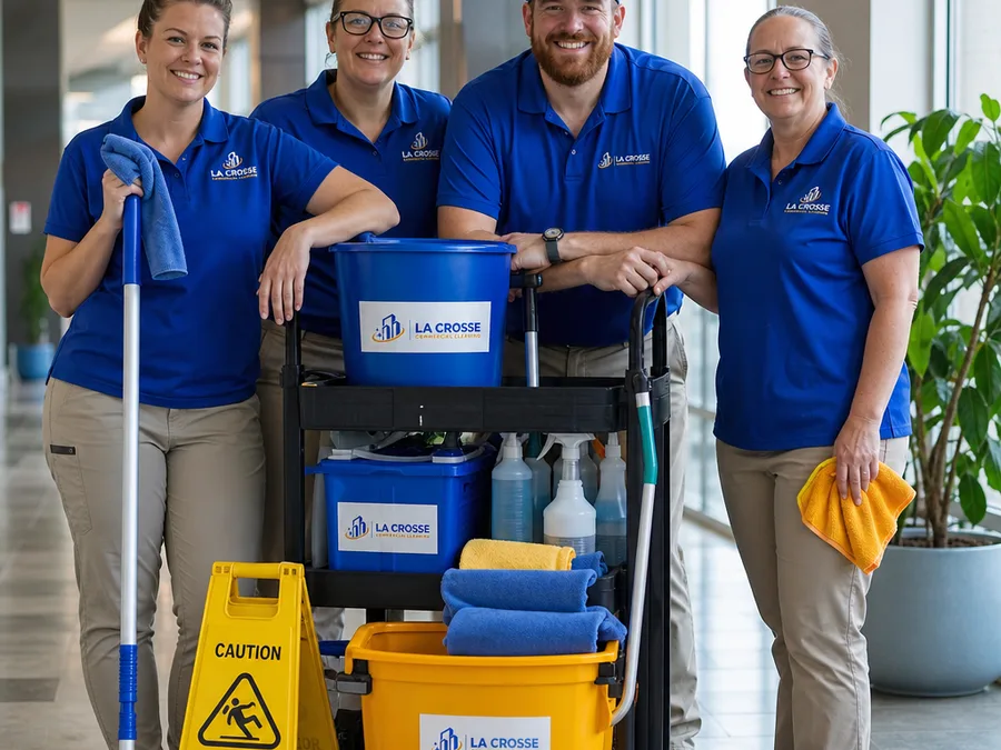 Commercial cleaning team in uniform with labeled supplies and microfiber equipment