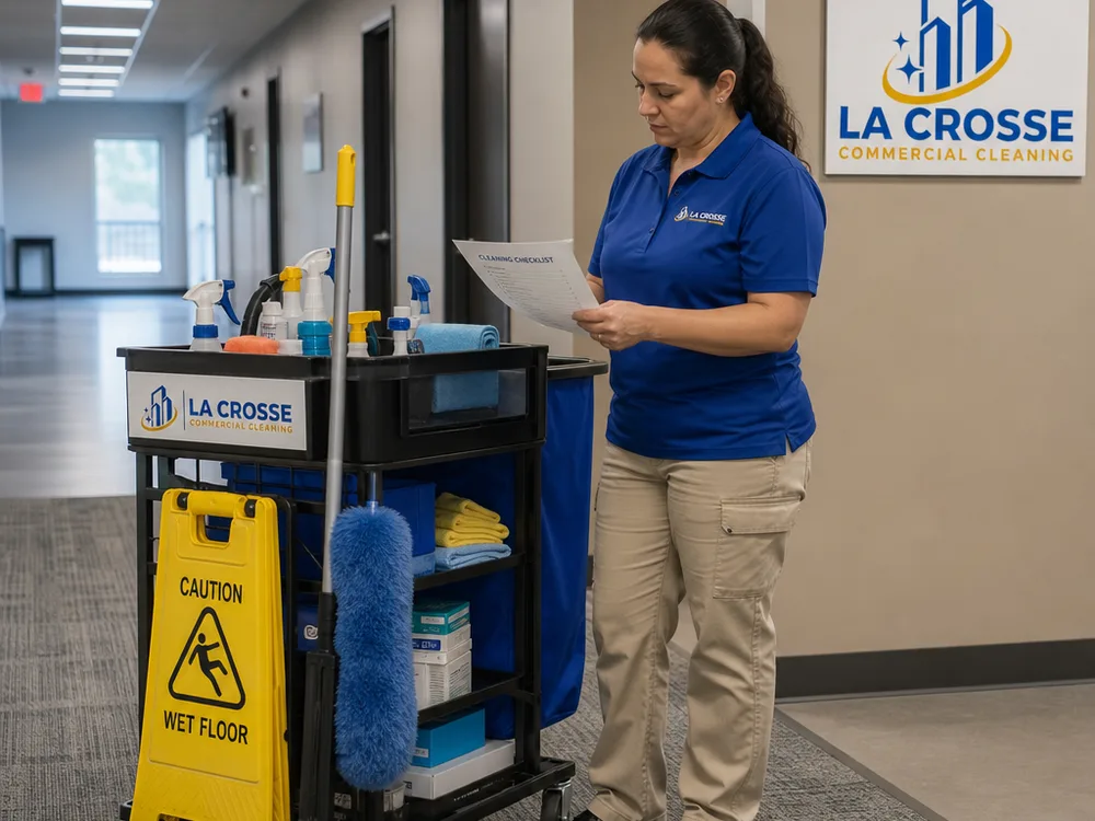 Cleaner stocking a janitorial cart and reviewing a checklist in a commercial hallway